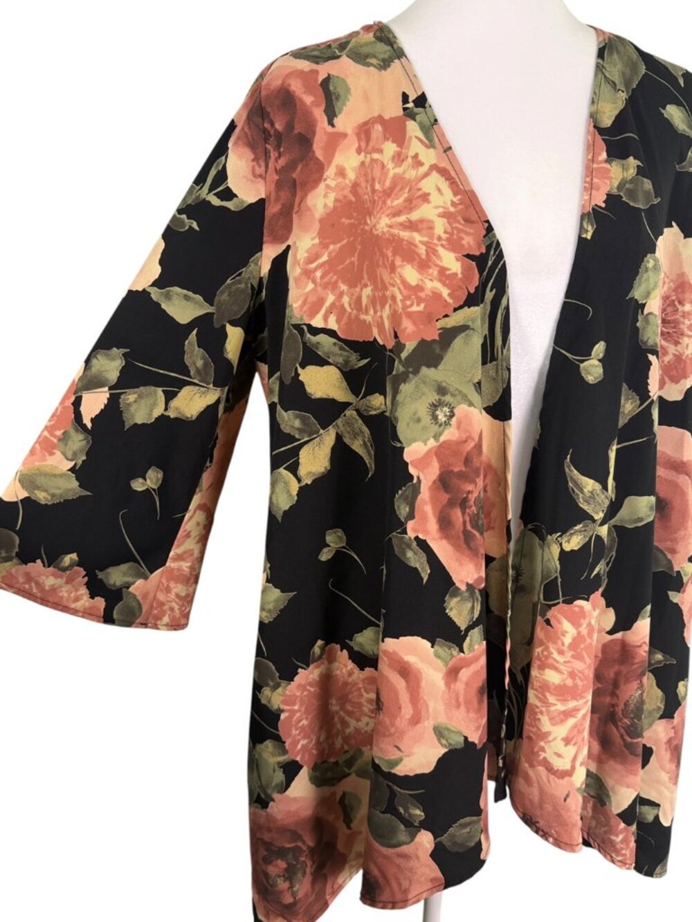 Honeyme Floral Open Front Kimono Cardigan Blush Black Boho Duster Small - Picture 3 of 9